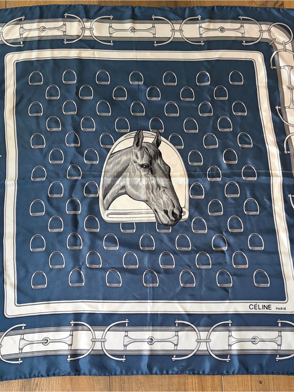 Vintage Celine Blue and Cream Equestrian Silk Scarf